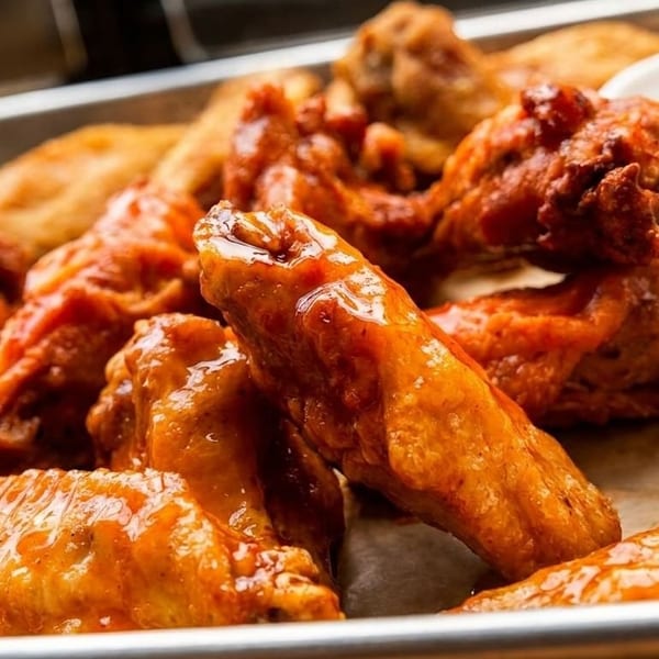 Close-up of a tray of glistening buffalo chicken wings with two cups of dipping sauce.