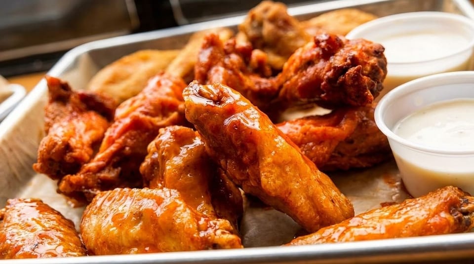 Close-up of a tray of glistening buffalo chicken wings with two cups of dipping sauce.
