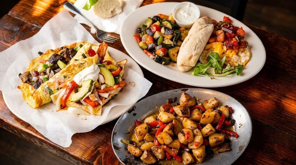 Three plates of breakfast food, including omelets, roasted vegetables, and potatoes, on a wooden table.
